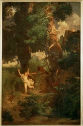 Syrinx von Pan verfolgt - Syrinx flyr inför Pan ... (målning på duk)