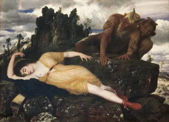 Sovande Diana bevakad av två fauner, 1877