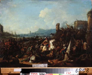 Belägringen av La Rochelle, oktober 1628 (Belägringen av La Rochelle i oktober 1628). Målning av Arnold Frans Rubens (1687-1719). Olja på trä, 39,5 x 57 cm. Flamländsk konst, barockstil. Statens konstmuseum, Tula (eller Tolan).