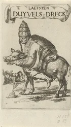 Paus på en gris Titelblad för: J. Lydius, Laetsten duyvels-dreck, 1687