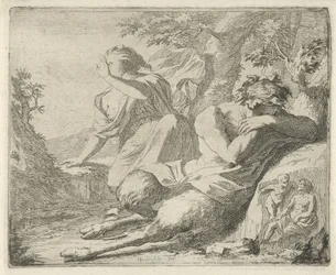 Satyr och kvinnlig figur täcker ögonen från solljus Scen med syndastatyer öppnade i tjänst för målare, statyhållare etc. (serietitel)