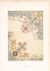 Hörnprydnader med blomstermotiv i jugendstil (litografi)