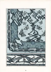Dekorativt mönster i jugendstil med svalor och fjärilar (litografi)