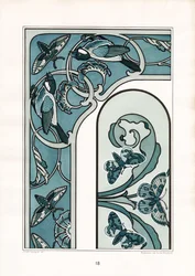 Art Nouveau ramornament med fåglar och nattfjärilar (litografi)