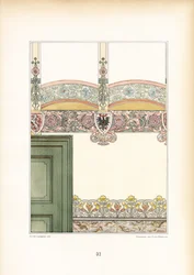 Art Nouveau-inredning med ornamentala väggfriser och vapensköld (litografi)