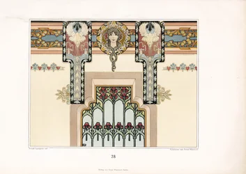 Art Nouveau väggdekoration med irisar och figural design (litografi)