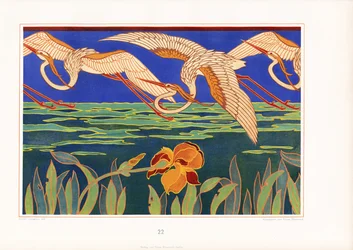 Dekorativ Art Nouveau-frisyr med hägrar över vattenlandskap (litografi)