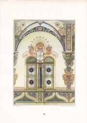 Dekorativ inredningsarkitektur i jugendstil med valvbåge och heraldiska element (litografi)