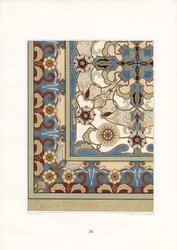 Mångfärgat mattmönster med stiliserade blommor (litografi)