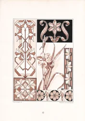 Narcissusmotiv och geometriska ornament i rosa toner (litografi)