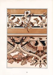 Ornamentala kompositioner med blommor, fjärilar och örn (litografi)