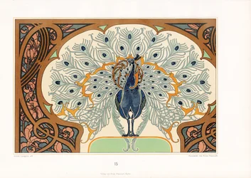 Påfågel i ornamental inramning med jugenddekor