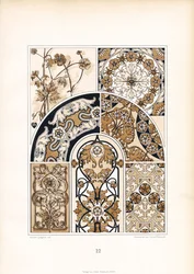 Stiliserade blommönster i guldbruna toner (litografi)