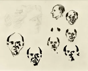 Självporträtt (7 heads en face och i profil och skiss)
