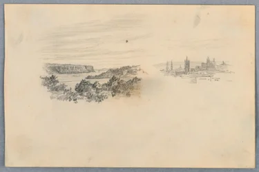 Två vyer, landskap och stadssilhuett