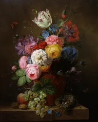 Stilleben med rosor, vallmo, azaleor och tulpaner. Målning av Arnoldus Bloemers (1786-1844). Privat samling.