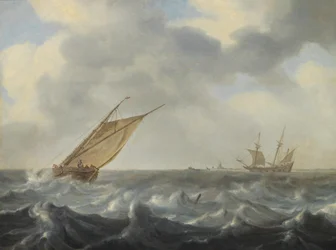 En fiskekutter och en tvåmastare i grov sjö nära en kust