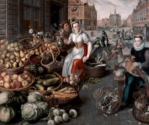 Kvinna som säljer frukt och grönsaker, ca 1590