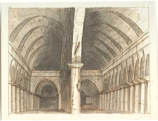Interiör av nedre våningen i en kyrka (?) med pelare och valv