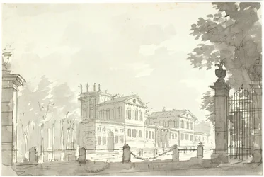 Slott i inhägnad park, t.h. en gallergrind