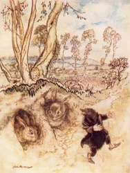 Illustration till The Wind in the Willows av Kenneth Grahame (färglitografi)