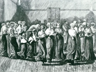 Shakers at a Meeting: the Religious Dance, illustration från, The Graphic, publicerad 14 maj 1870