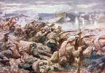 En heroisk rysk backgardeaktion i den stora polska reträtten (färg litho)