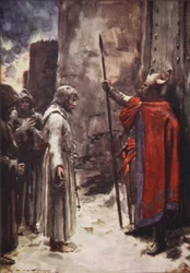 Barfota, klädd i en hårskjorta, dök Henry upp framför portarna och bad om inträde, illustration från 