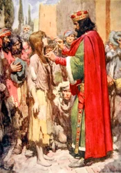 "Ett ögonblick stod de och tittade på varandra - den barfota tiggarflickan i sina trasor och kungen i sin juvelprydda krona", kung Cophetua och tiggarjungfrun (färg litho)