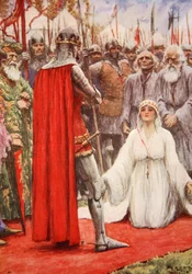 Kung Edward tittade ner i drottning Filippas vädjande ögon (färg litho)