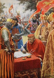 Kung John som motvilligt signerar Magna Carta (färg litho)
