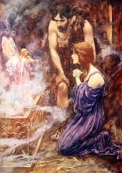 Ut flög en vacker feliknande varelse med regnbågsfärgade vingar (färg litho)