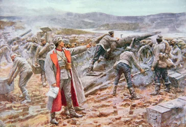 Serbiskt artilleri i aktion mot österrikarna (färg litho)