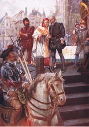 I mitten av torget hade en ställning rests, illustration från Romance of History: The Netherlands, 1920s