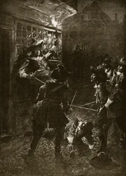 Kung Karl II:s anhängare attackerar Sir John Coventry, 1670, illustration från Hutchinsons "Story of the British Nation", ca 1920.