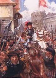 Han satte sig på sin häst och red tyst och obevakad till den röda porten, illustration från Romance of History: The Netherlands, 1920-talet