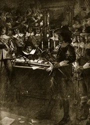 Strafford överlämnar sitt svärd i underhuset, illustration ur Hutchinsons "Story of the British Nation", cirka 1920