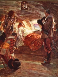 Döden av amiral Blake (1599-1657) illustration från "Drakes trumma och andra sånger av havet" av Henry Newbolt (1862-1938) pub. 1905 (lito i färg)