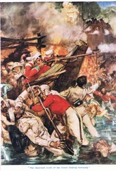 Båtarnas halmtak flammar rasande (färg litho)