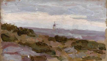 Landskapsstudie med väderkvarn vid horisonten, ca 1900