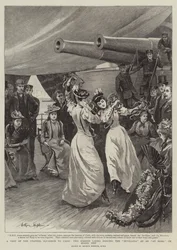 Ett besök av kanaleskadern i Cadiz, två spanska damer dansar Sevillana i ett hem ombord på fartyget