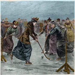 Ishockey: en dammatch på sjön i Wimbledon Park. (senare färgläggning).
