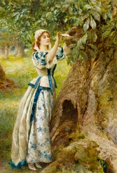 Romantiken: "Kärlekens brevlåda" En ung kvinna lämnar ett brev till sin älskare i en trädstam. Målning av Arthur Hopkins (1848-1930)