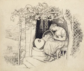 By the Cradle (penna och bläck över grafit)