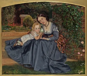 Mor och barn sittande i trädgården, 1865-70