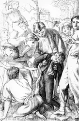 Toms första bedrift i fotboll, illustration från "Tom Browns skoldagar" av Thomas Hughes (1822-96), upplagan av 1869