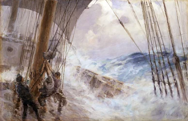 Manövrering för att ta ner seglet från stormasten i stormen. Olja på duk