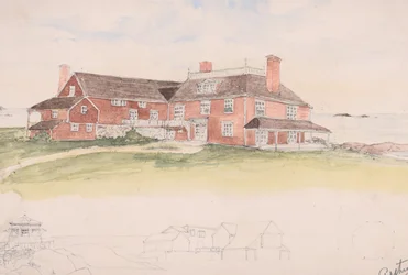Trähus nära vattnet kanske en tidig idé för Cliffs, Manchester, Mass..., ca. 1879.