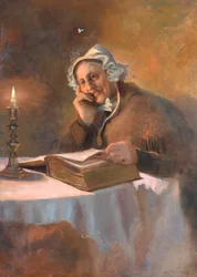 Porträtt av en gammal kvinna som läser Bibeln i levande ljus, 1896