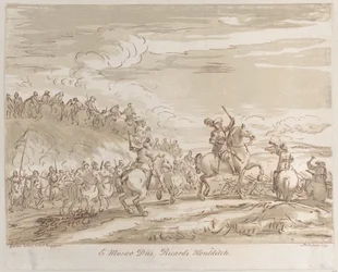 Kavalleri avancerar till anfall, med en central figur på hästryggen som höjer ett svärd, 1735., 1735.